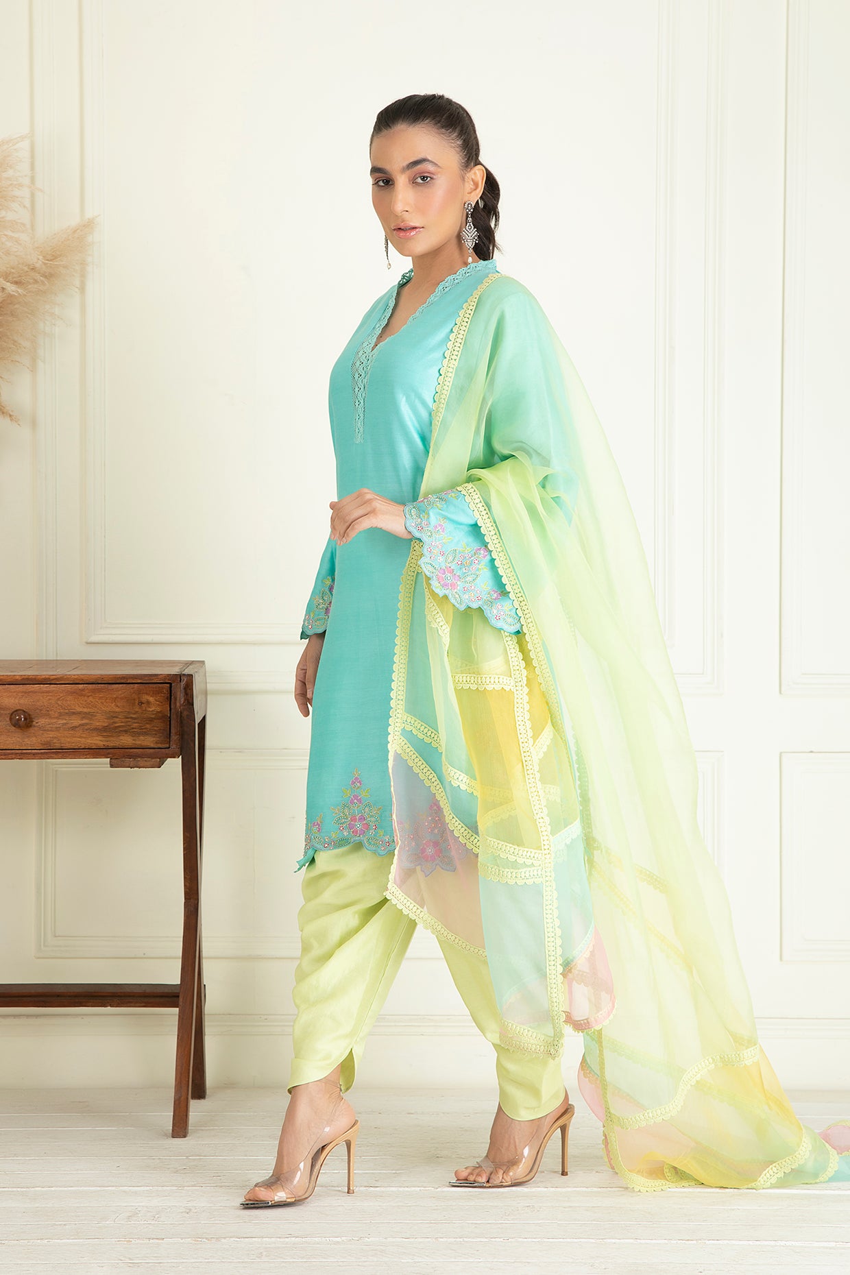 Lime Green & Turquoise Blue Embroidered Suit Set