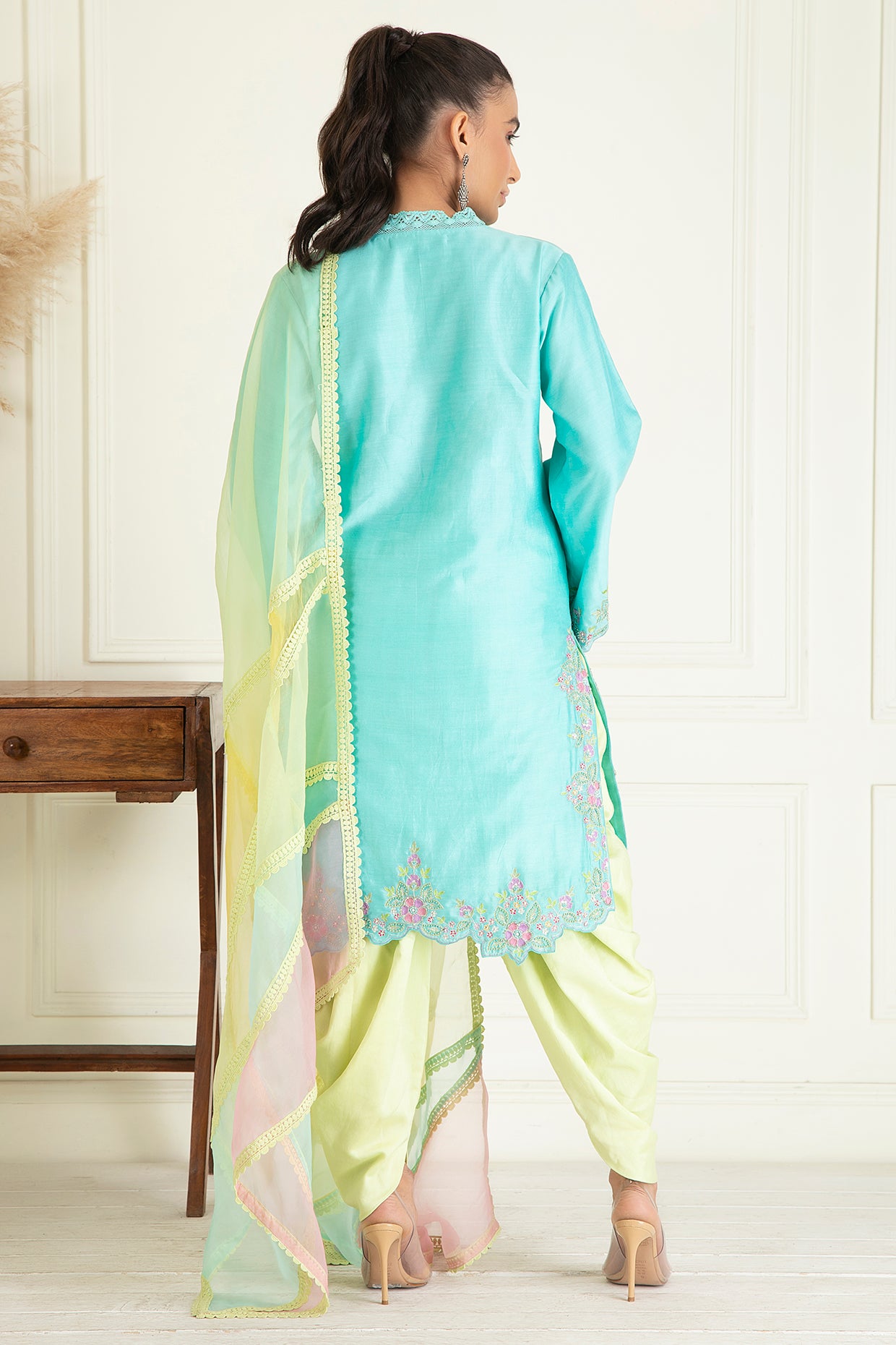 Lime Green & Turquoise Blue Embroidered Suit Set