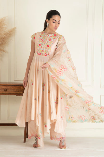 Peach Embroidered Chanderi Suit Set
