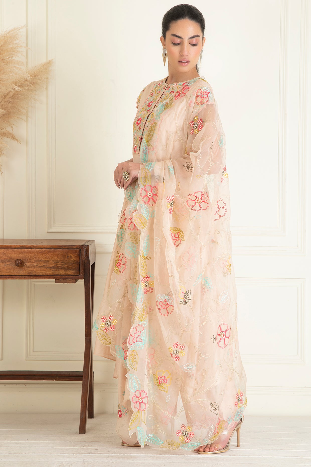 Peach Embroidered Chanderi Suit Set