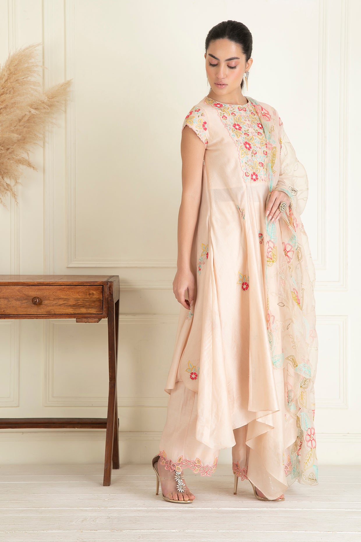 Peach Embroidered Chanderi Suit Set