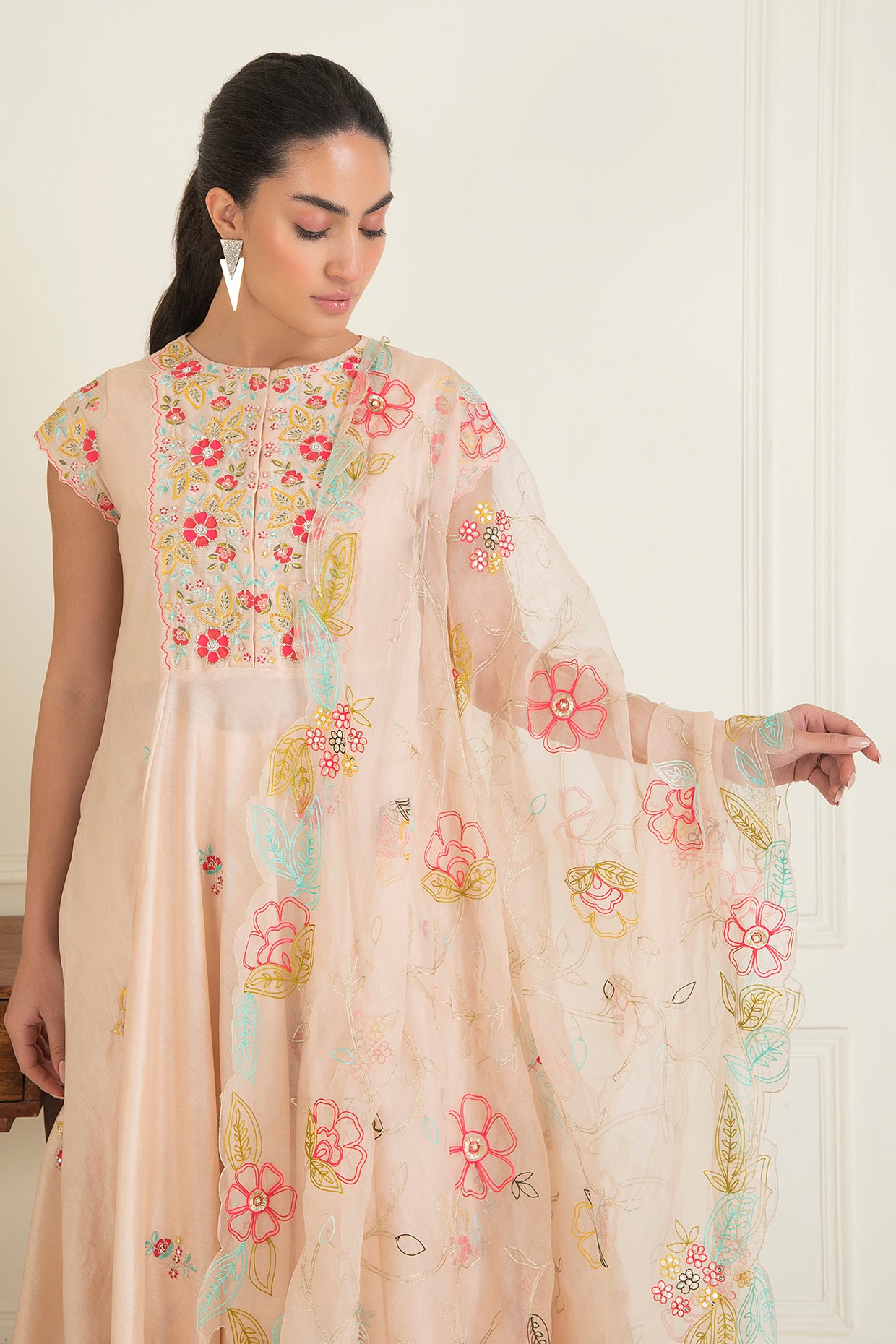 Peach Embroidered Chanderi Suit Set