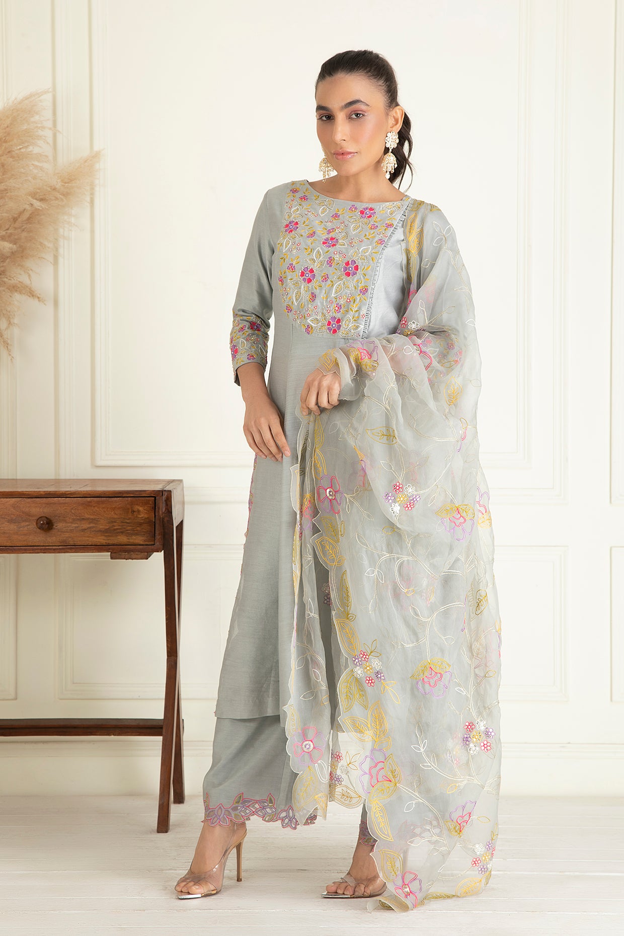 Steel Grey Chanderi Suit Set
