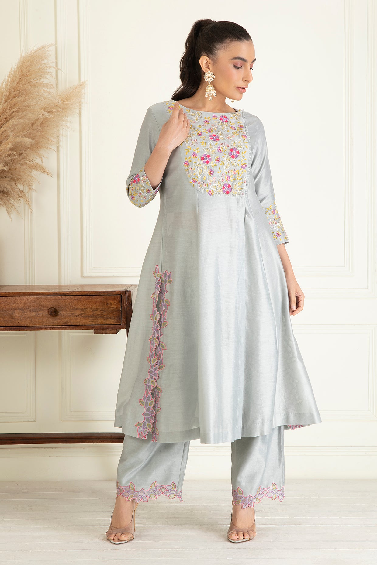 Steel Grey Chanderi Suit Set