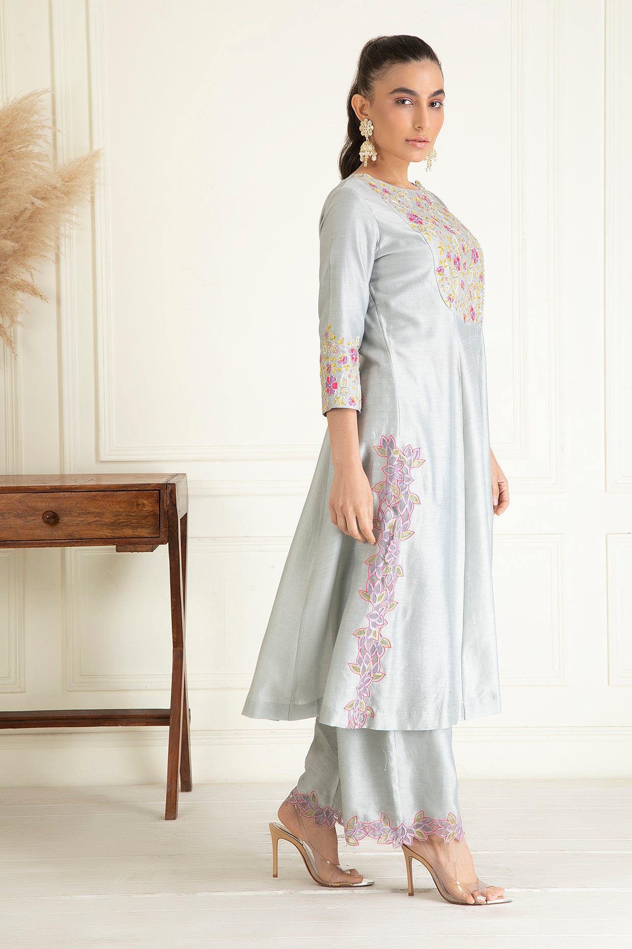 Steel Grey Chanderi Suit Set