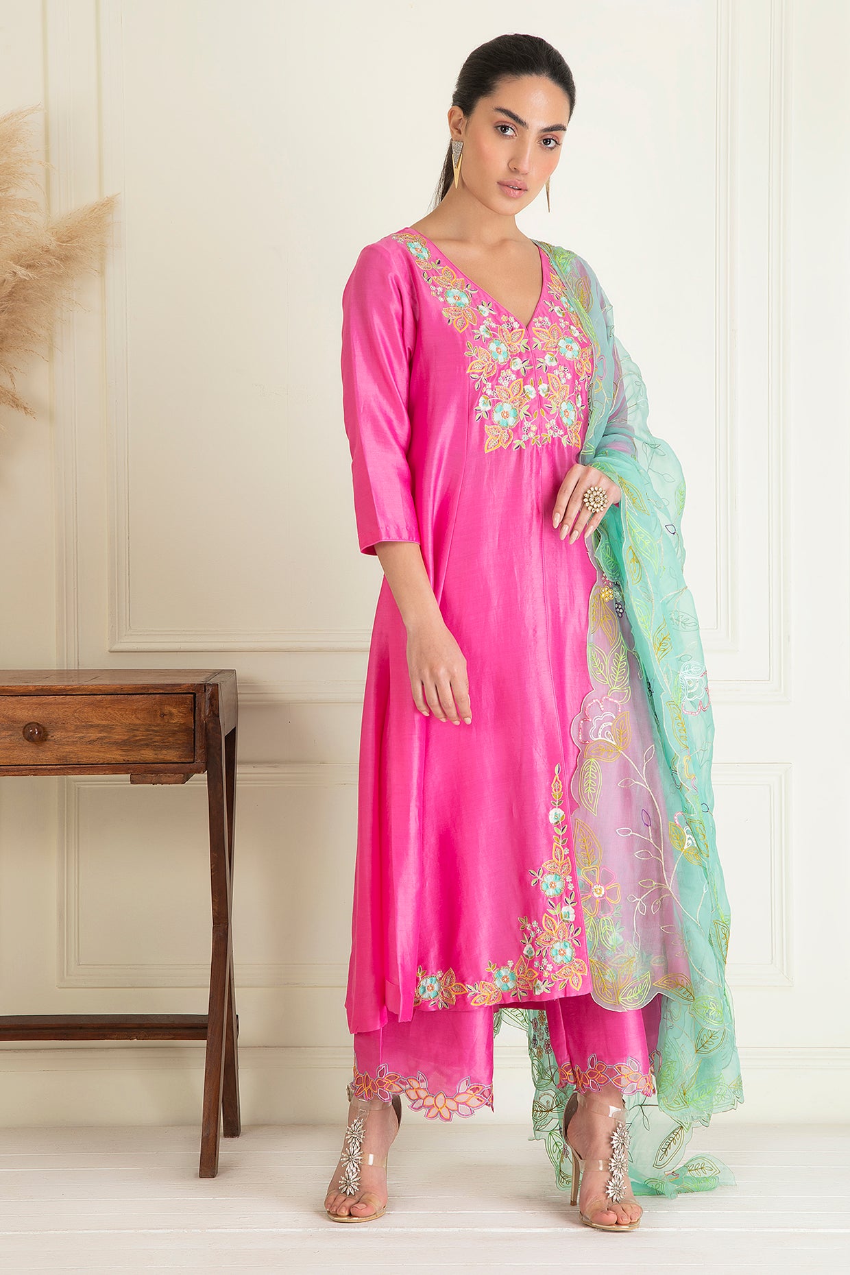 Fuchsia Pink Embroidered Chanderi Suit Set