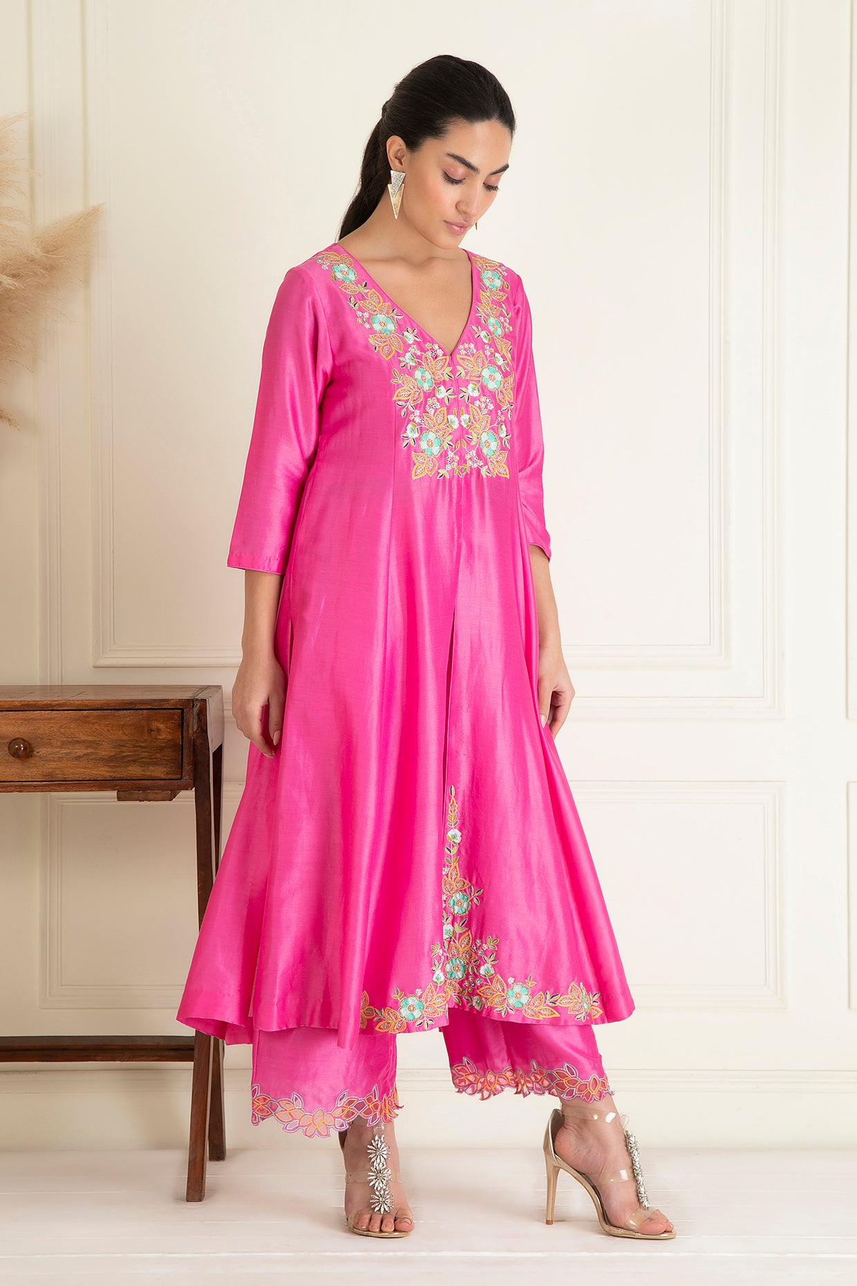 Fuchsia Pink Embroidered Chanderi Suit Set