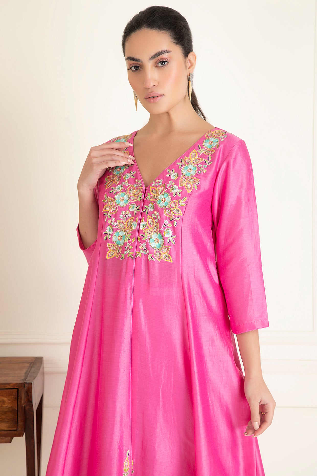 Fuchsia Pink Embroidered Chanderi Suit Set