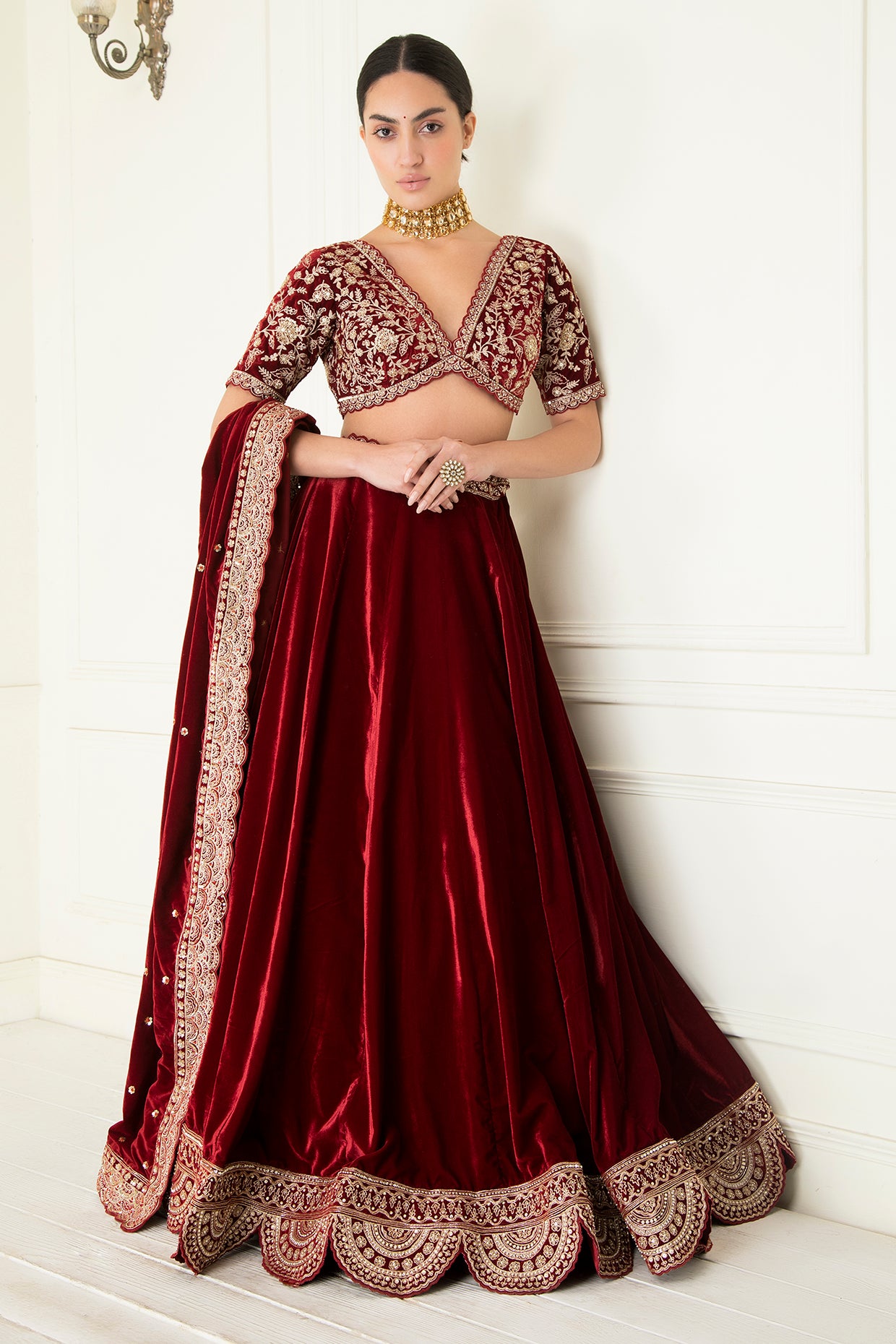 Red Embroidered Velvet  Lehenga Set