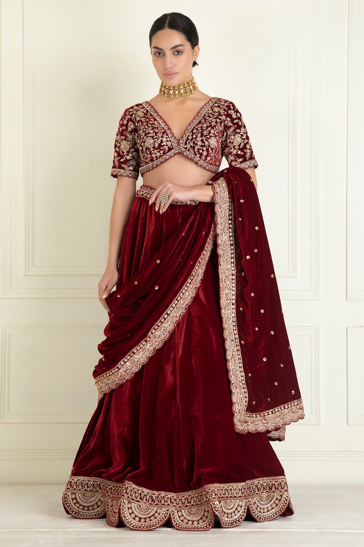 Red Embroidered Velvet  Lehenga Set