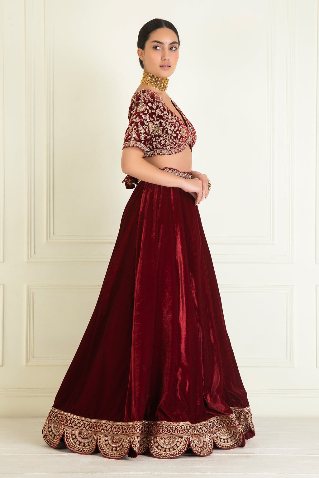 Red Embroidered Velvet  Lehenga Set