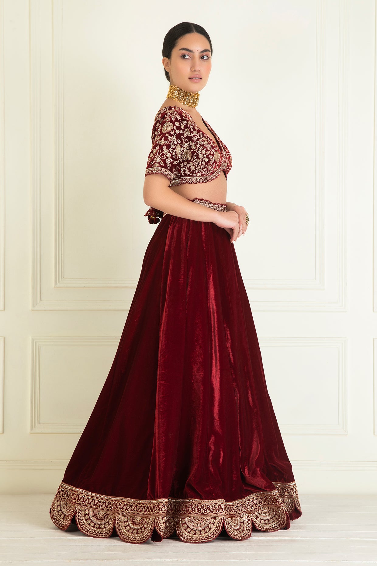 Red Embroidered Velvet  Lehenga Set
