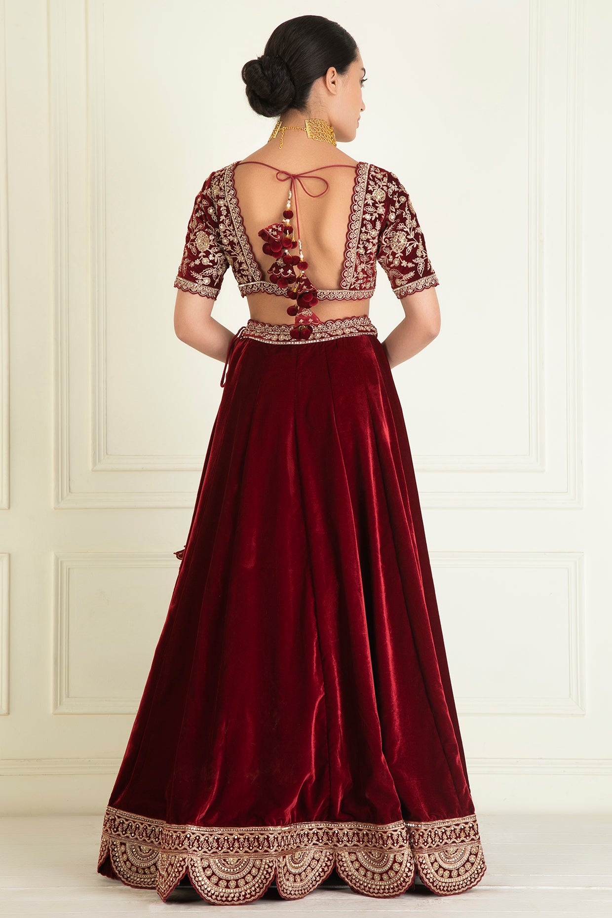 Red Embroidered Velvet  Lehenga Set