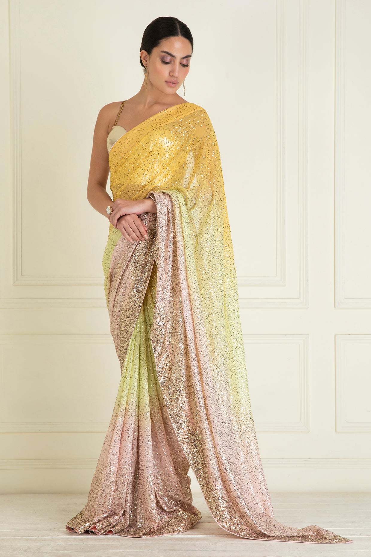 Pastel Ombre dyed PRE STITCHED sequin saree