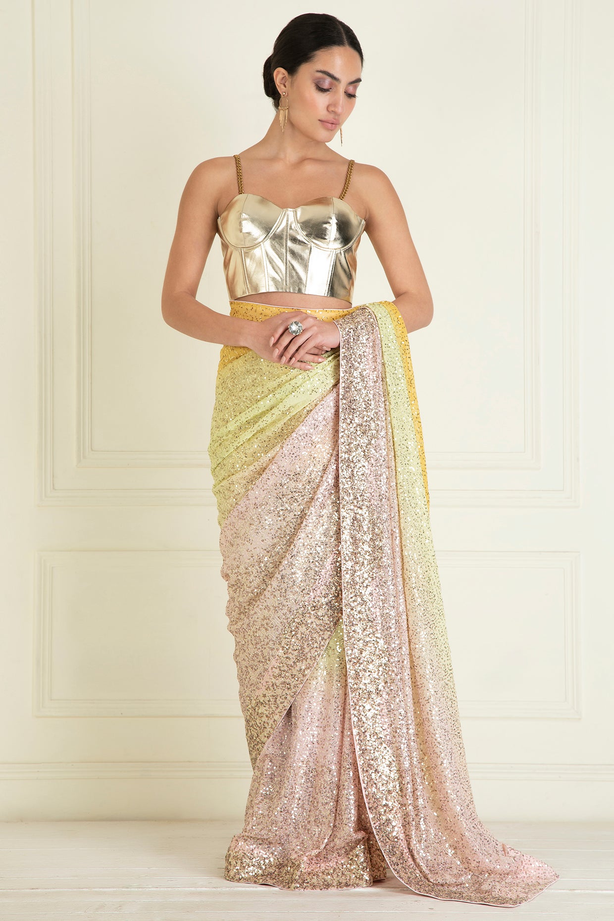 Pastel Ombre dyed PRE STITCHED sequin saree