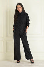 Black Loose Comfort Fit Embroidered Cotton Linen Co-Ord Set
