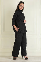Black Loose Comfort Fit Embroidered Cotton Linen Co-Ord Set