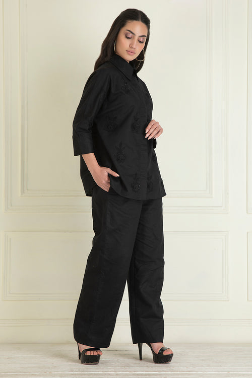 Black Loose Comfort Fit Embroidered Cotton Linen Co-Ord Set