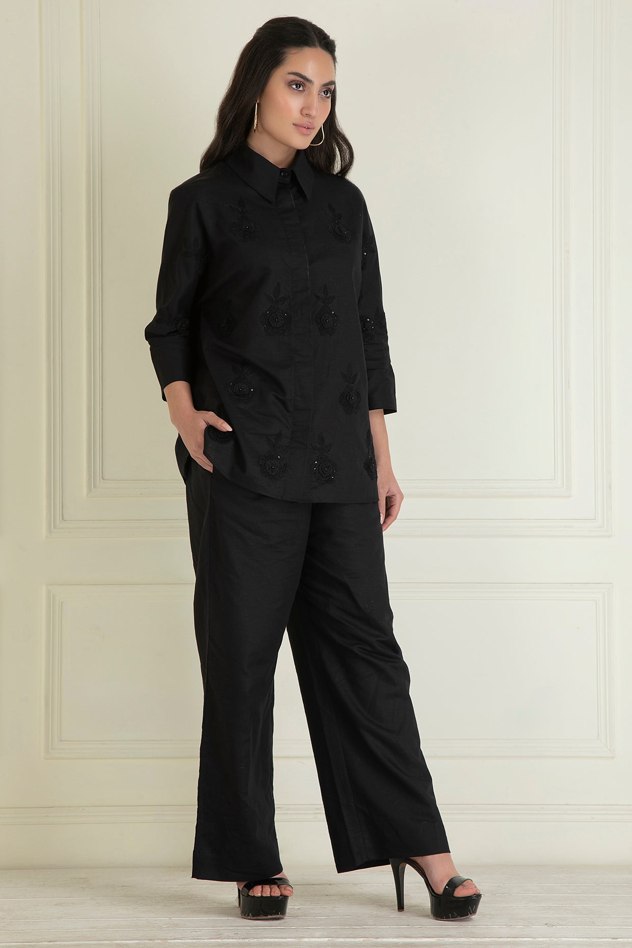 Black Loose Comfort Fit Embroidered Cotton Linen Co-Ord Set