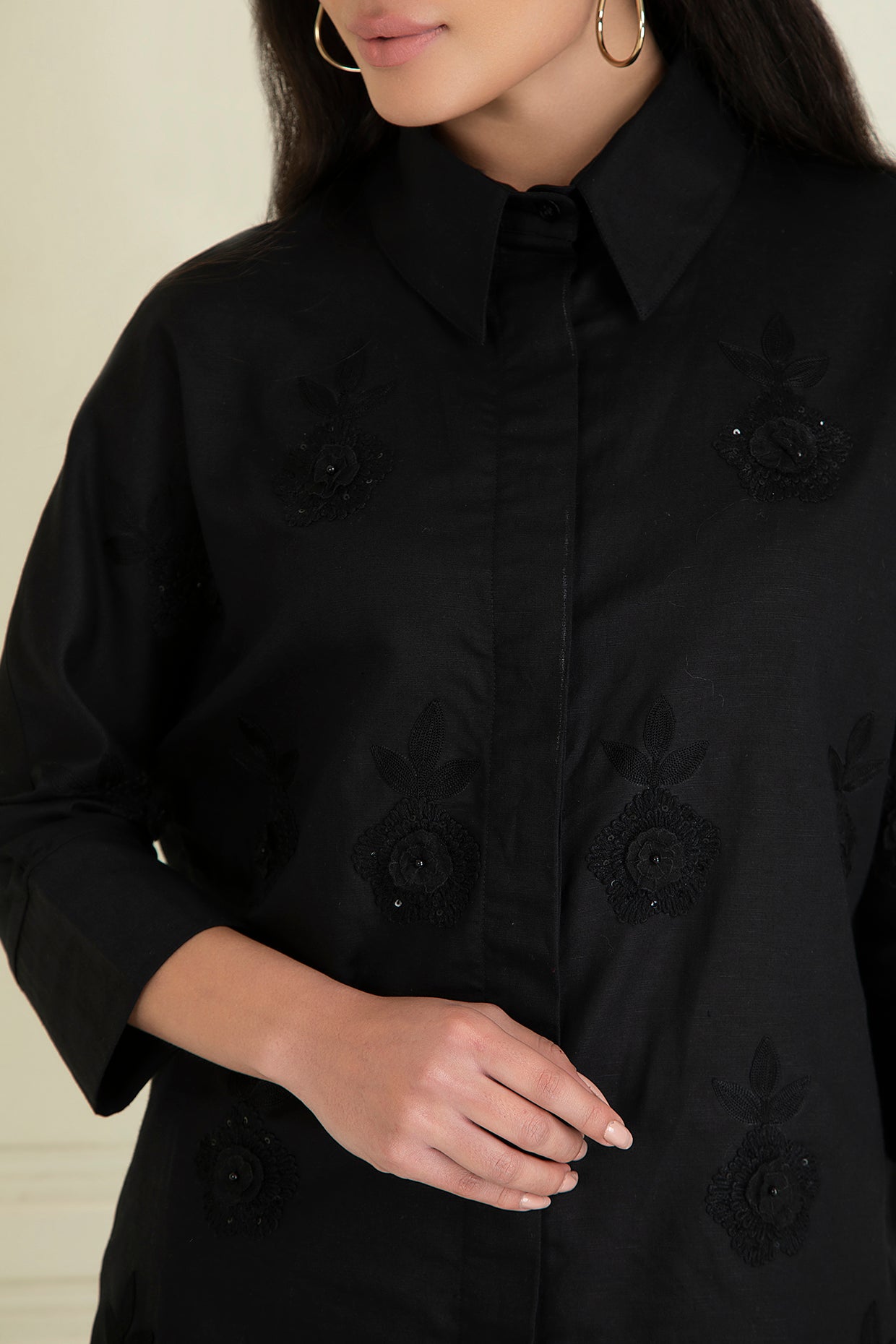 Black Loose Comfort Fit Embroidered Cotton Linen Co-Ord Set