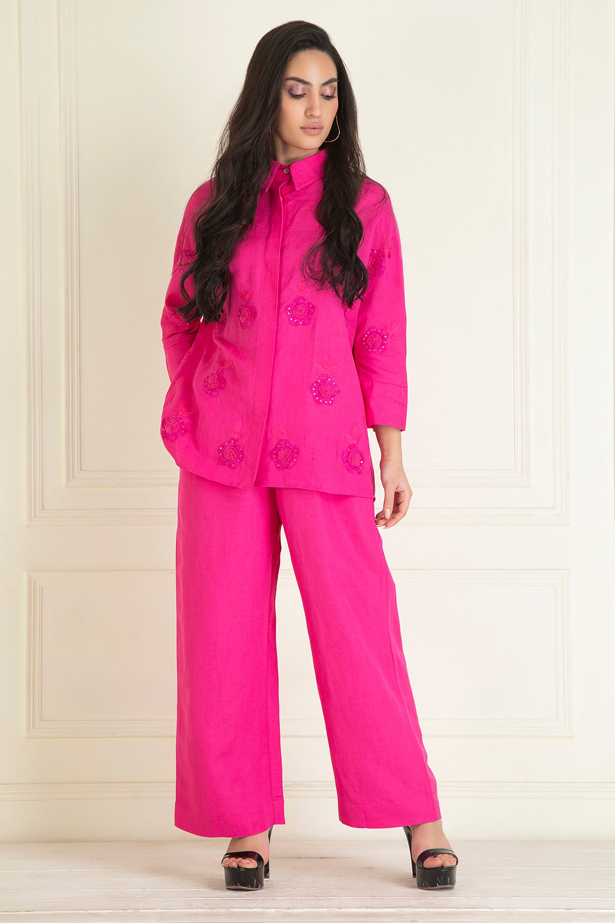 Fuchsia Pink Loose Comfort Fitted Embroidered Co-Ord Set