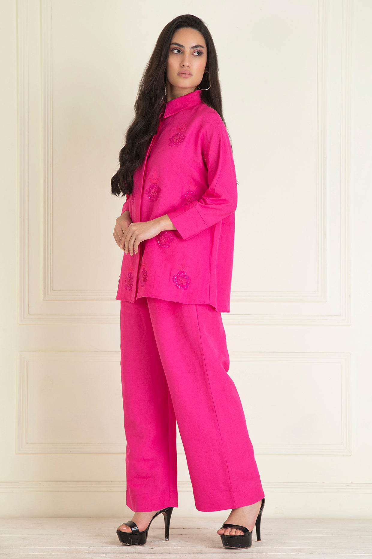 Fuchsia Pink Loose Comfort Fitted Embroidered Co-Ord Set