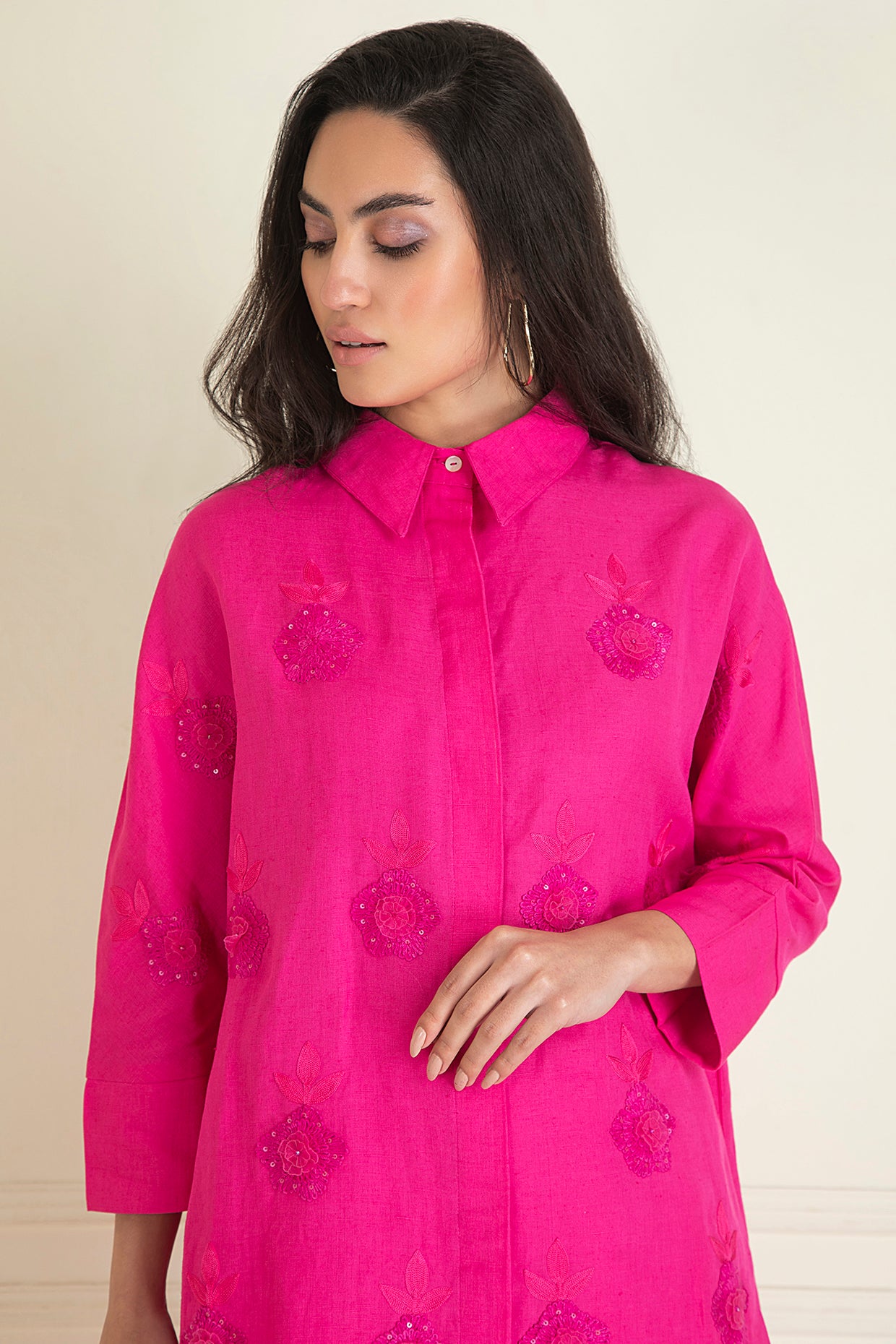 Fuchsia Pink Loose Comfort Fitted Embroidered Co-Ord Set