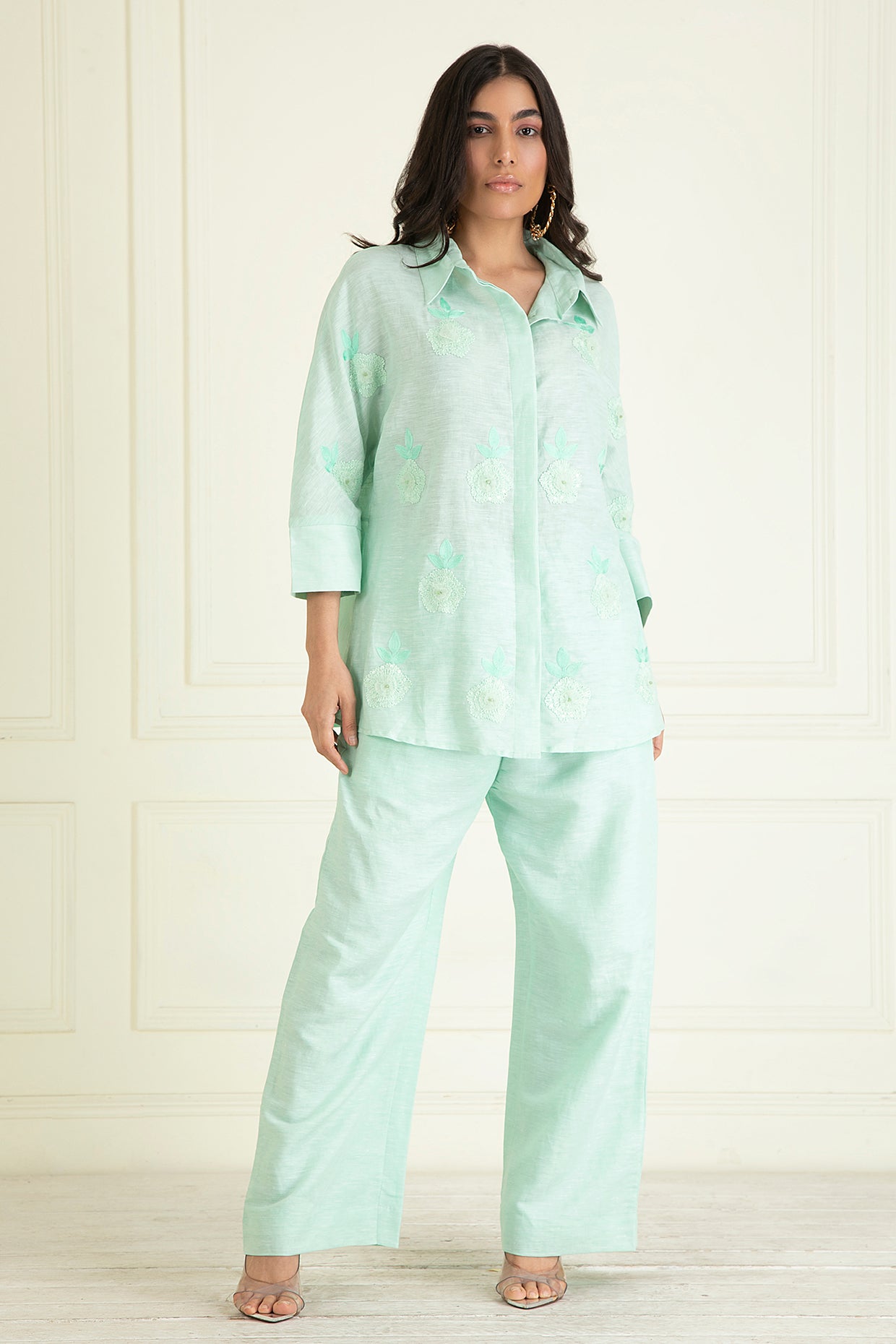 Icy Mint  Loose Comfort Fitted Embroidered Co-Ord Set