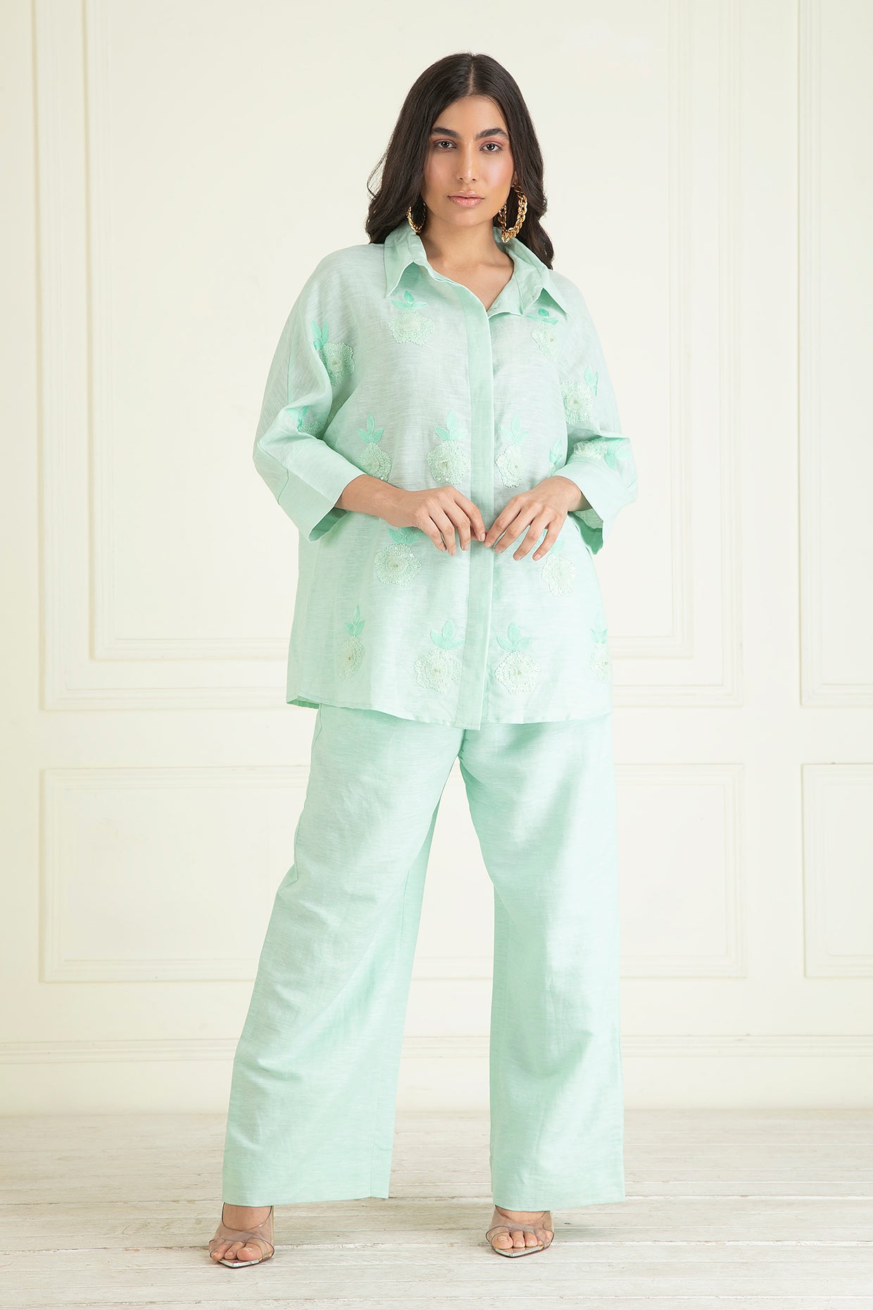 Icy Mint  Loose Comfort Fitted Embroidered Co-Ord Set