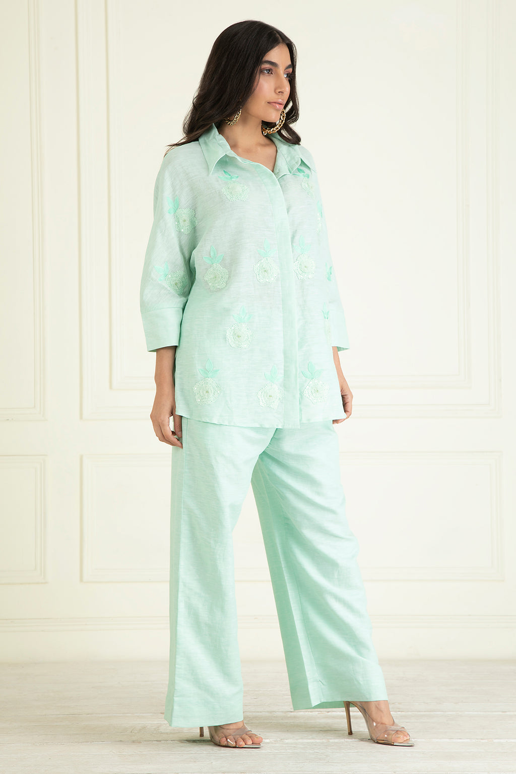 Icy Mint  Loose Comfort Fitted Embroidered Co-Ord Set