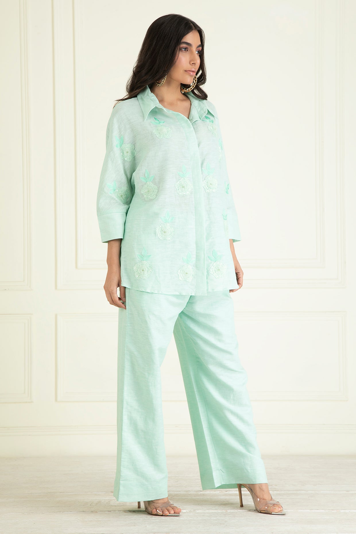 Icy Mint  Loose Comfort Fitted Embroidered Co-Ord Set