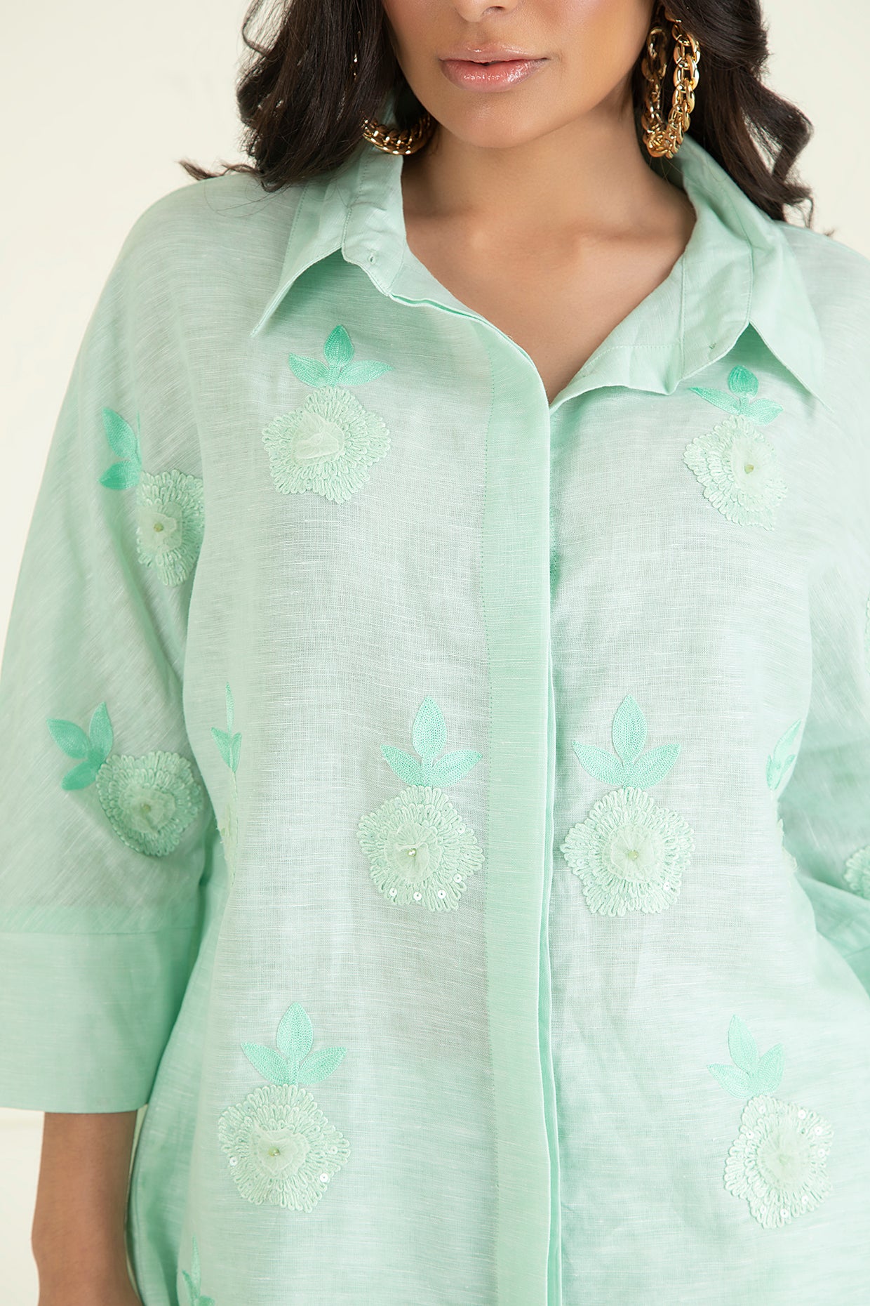 Icy Mint  Loose Comfort Fitted Embroidered Co-Ord Set