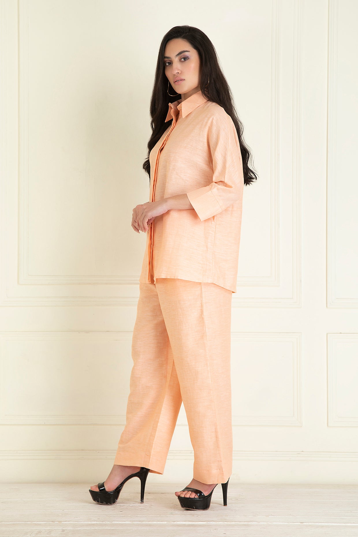 Peachy Orange  Loose Comfort Fit Cotton Linen Co-Ord Set