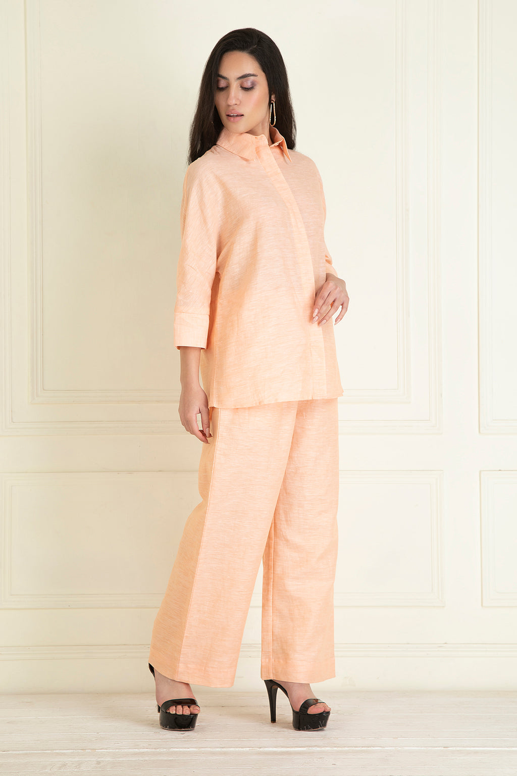 Peachy Orange  Loose Comfort Fit Cotton Linen Co-Ord Set