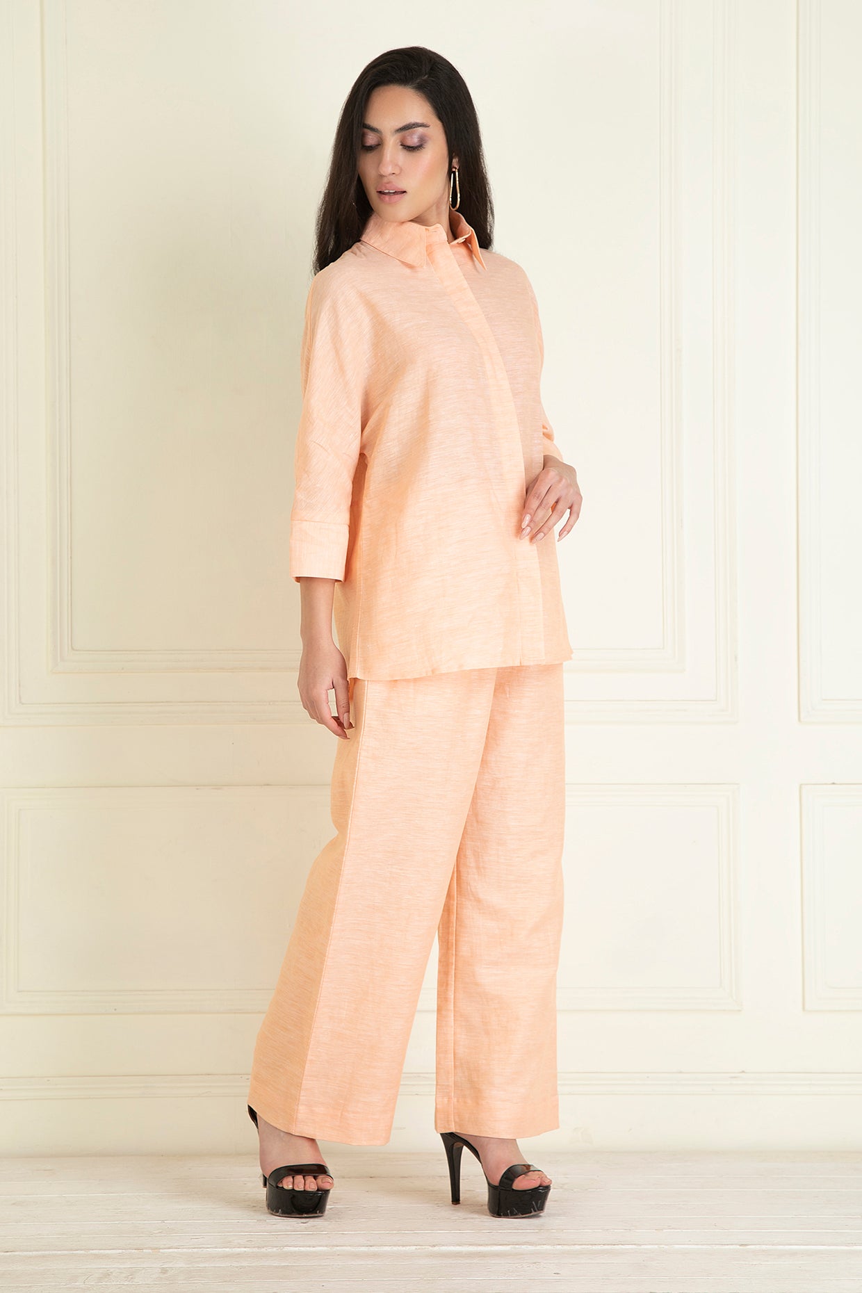 Peachy Orange  Loose Comfort Fit Cotton Linen Co-Ord Set