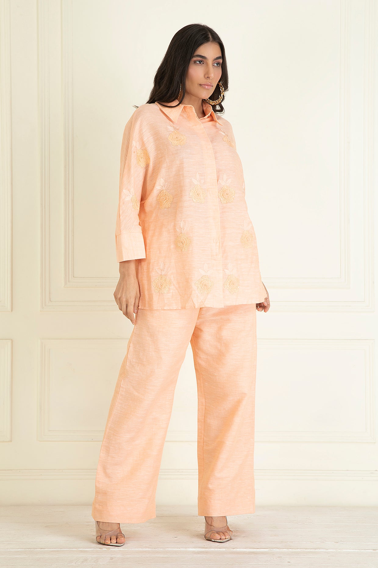 Peach Loose Comfort Fit Cotton Linen Co-Ord Set