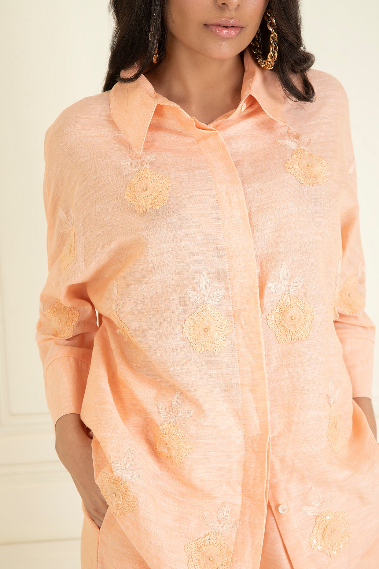 Peach Loose Comfort Fit Cotton Linen Co-Ord Set