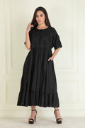 Black Cotton Linen Embroidered Dress