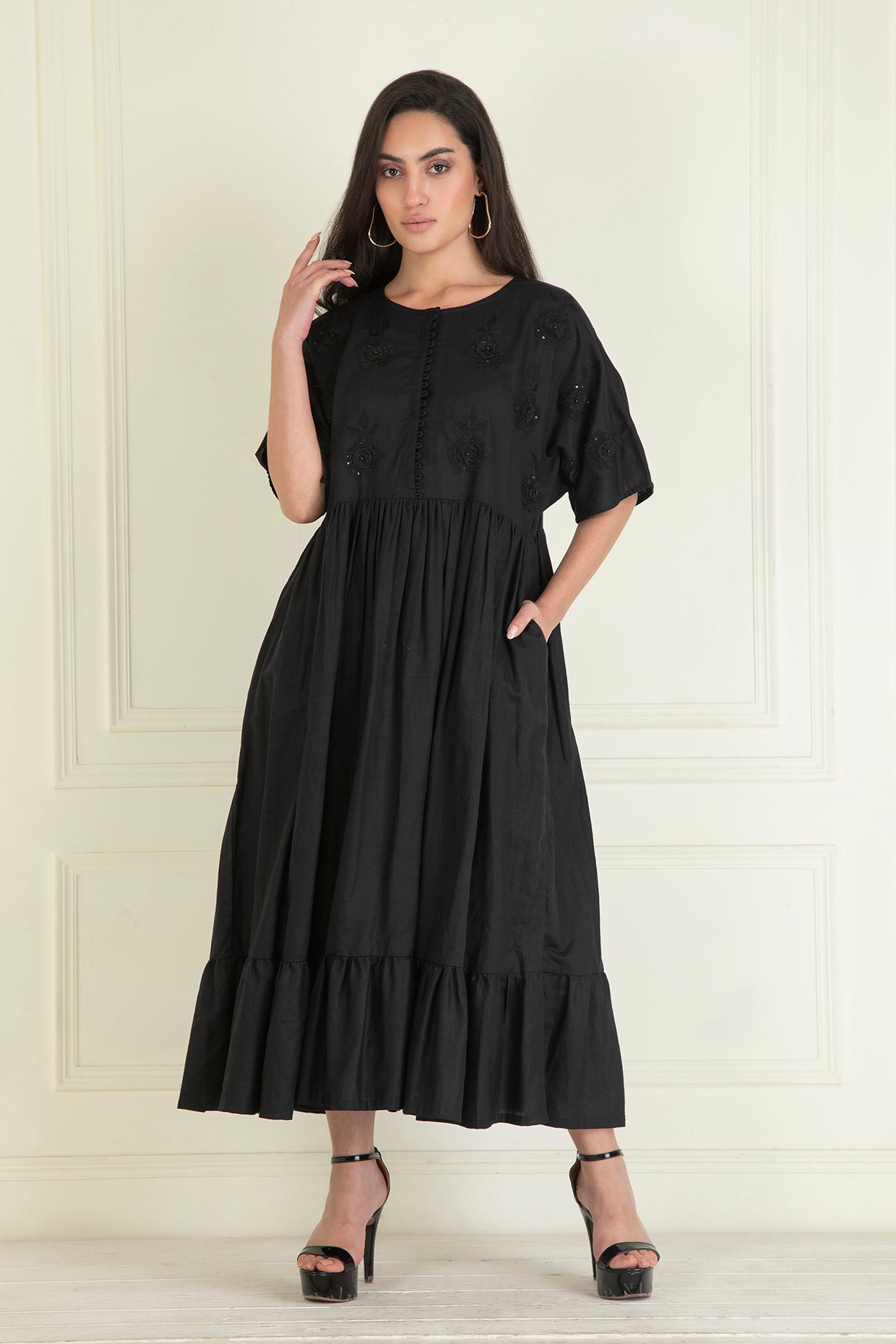 Black Cotton Linen Embroidered Dress