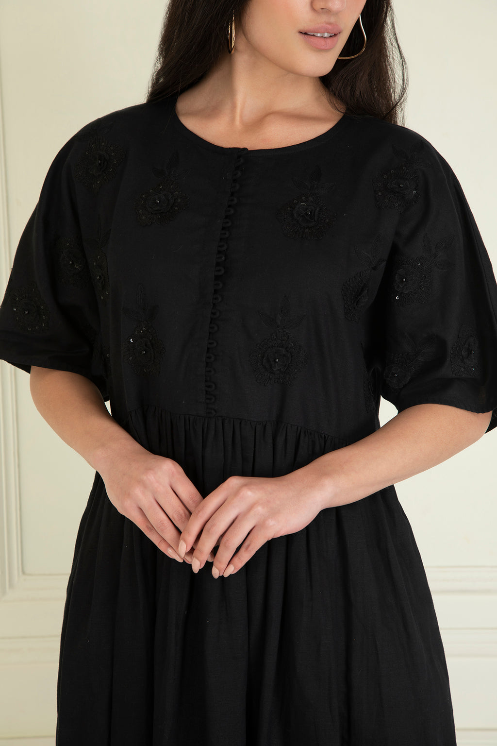 Black Cotton Linen Embroidered Dress