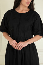 Black Cotton Linen Embroidered Dress