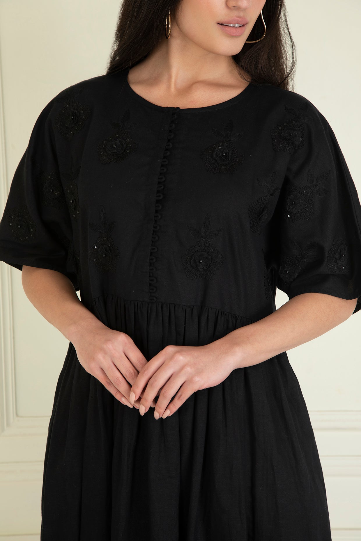 Black Cotton Linen Embroidered Dress
