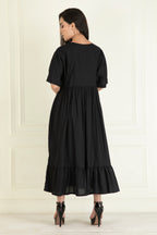 Black Cotton Linen Embroidered Dress