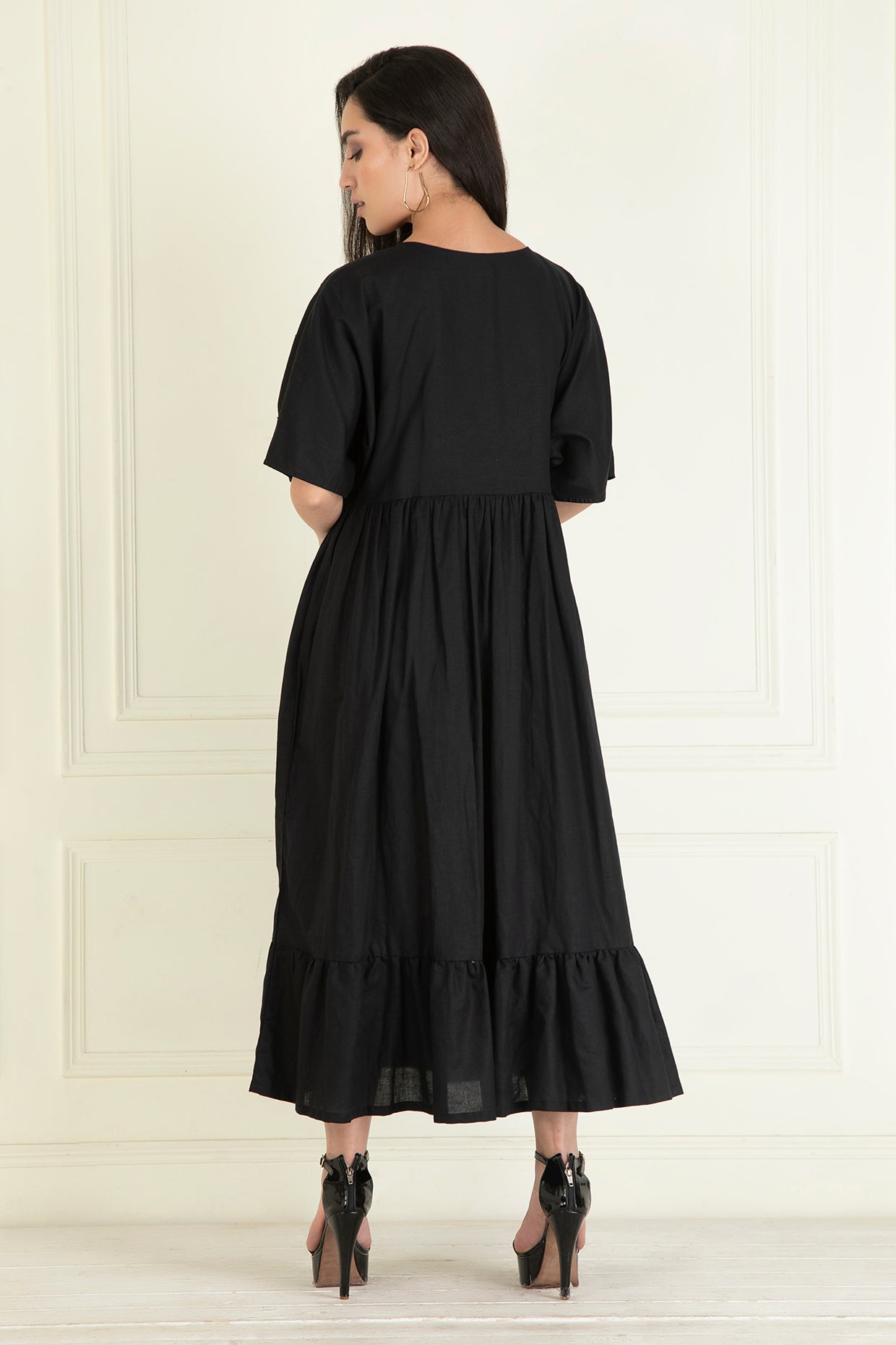Black Cotton Linen Embroidered Dress