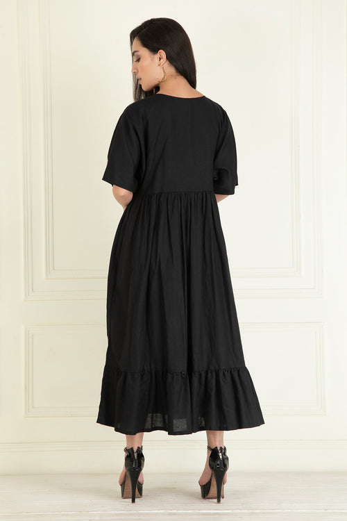 Black Cotton Linen Embroidered Dress