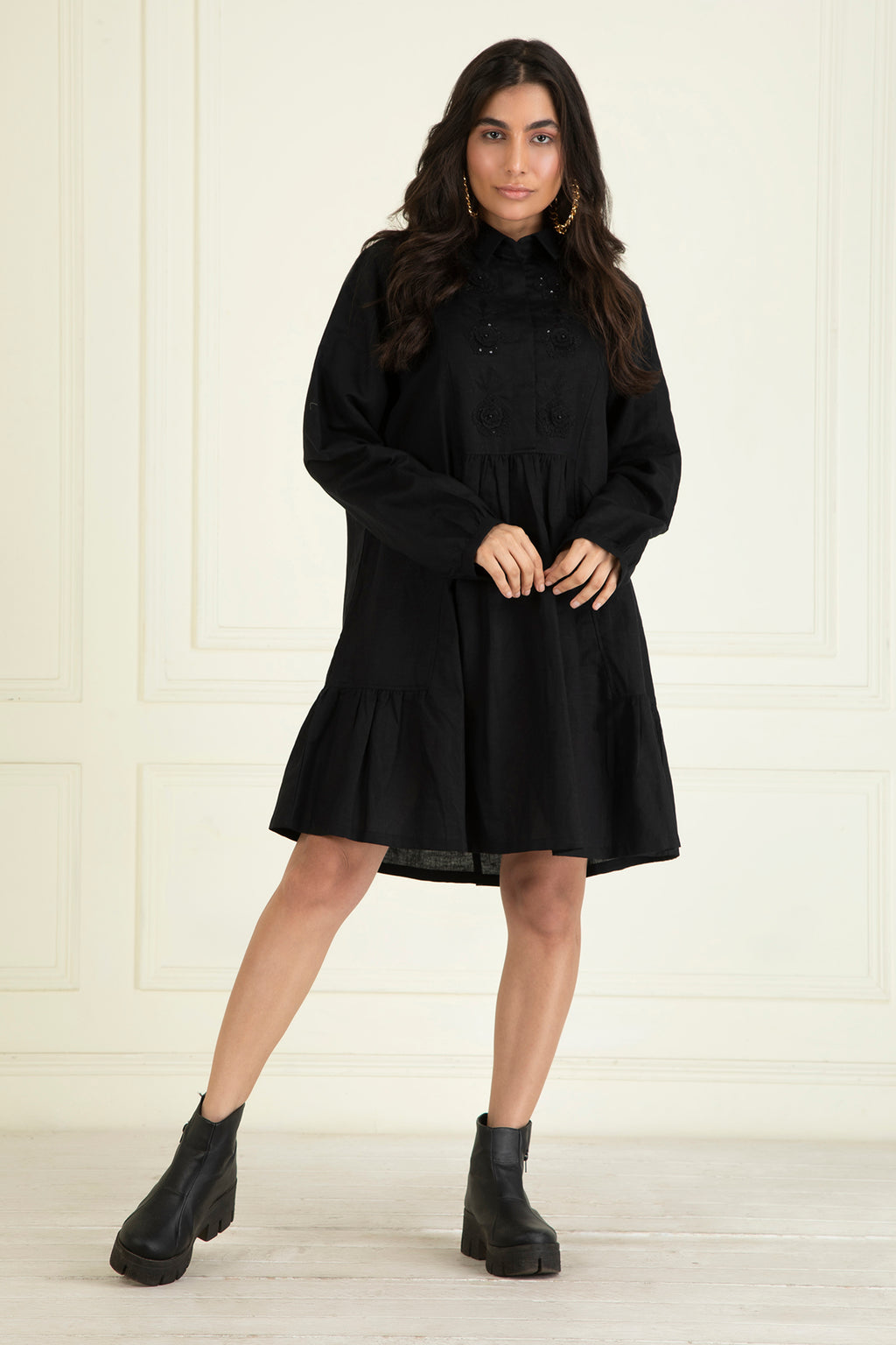 Black Cotton Linen Embroidered Dress