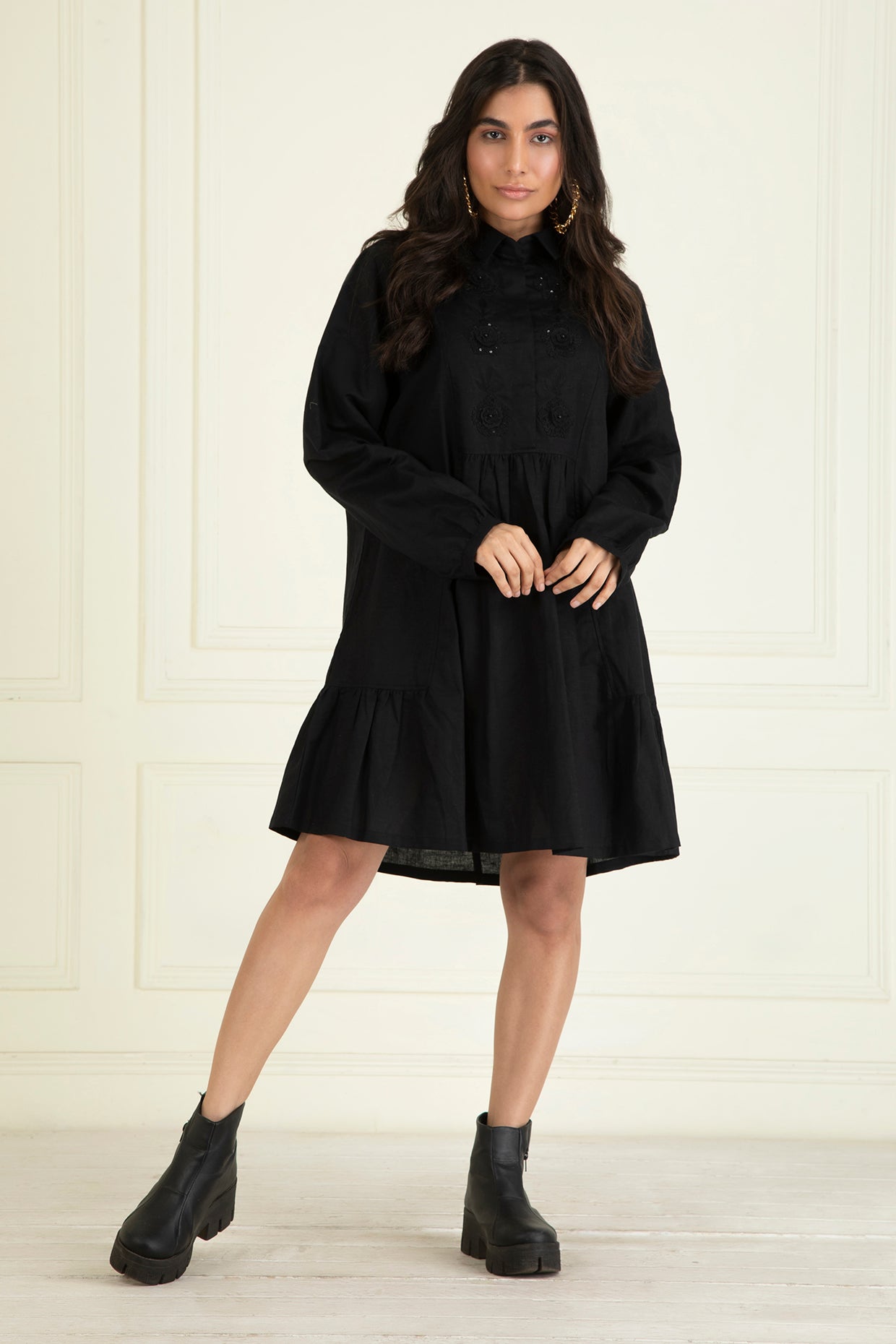 Black Cotton Linen Embroidered Dress