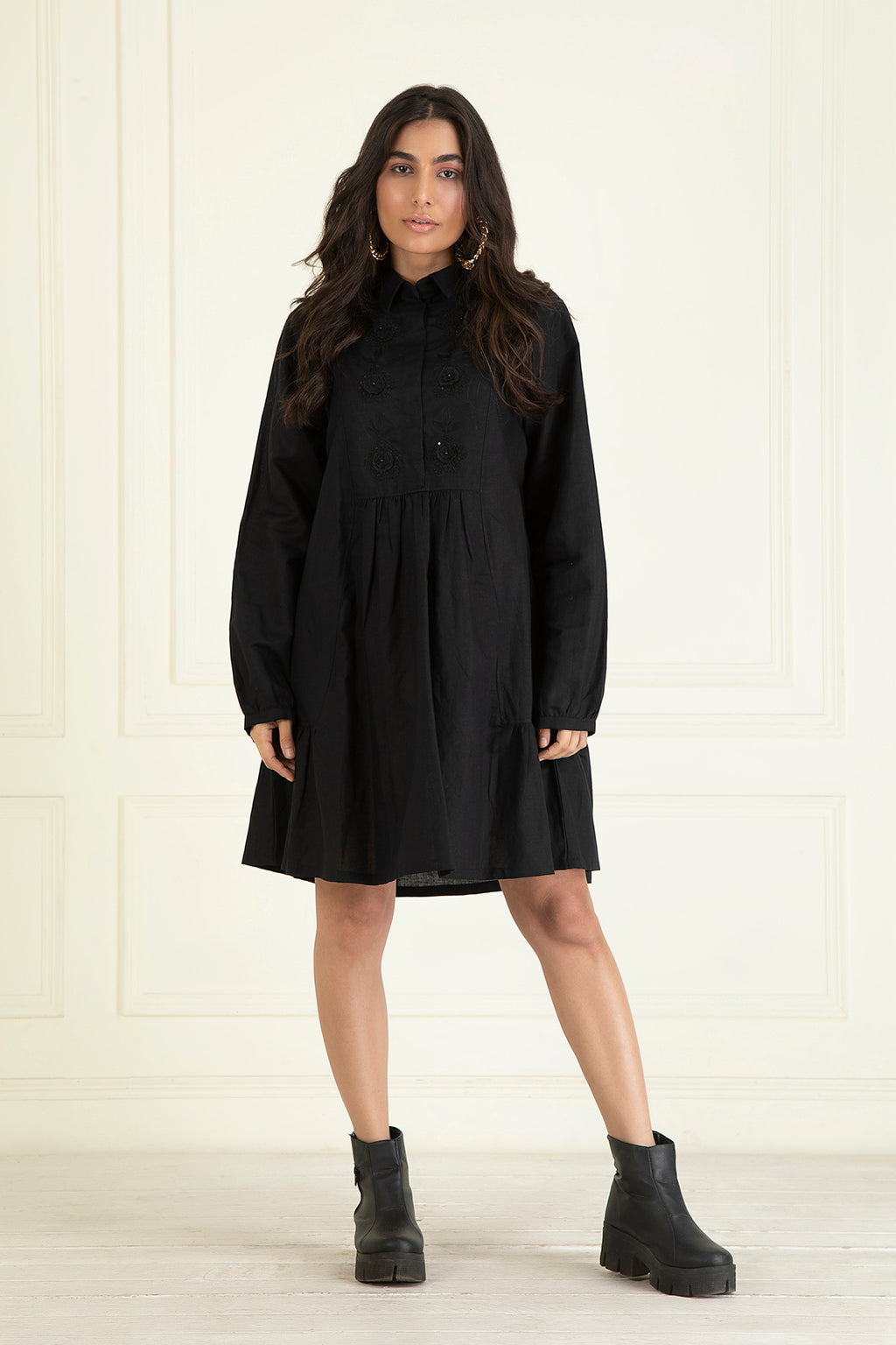 Black Cotton Linen Embroidered Dress