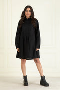 Black Cotton Linen Embroidered Dress