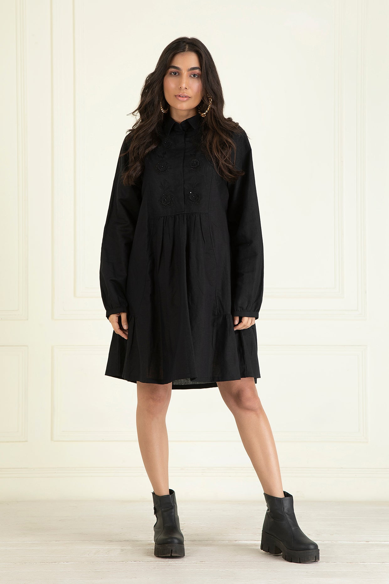 Black Cotton Linen Embroidered Dress